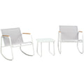 White Outdoor Rocking Chair and Table Set
A set of white outdoor rocking chairs with wooden armrests, accompanied by a white side table, suitable for outdoor relaxation. Keywords: white outdoor rocking chairs, wooden armrests, outdoor side table