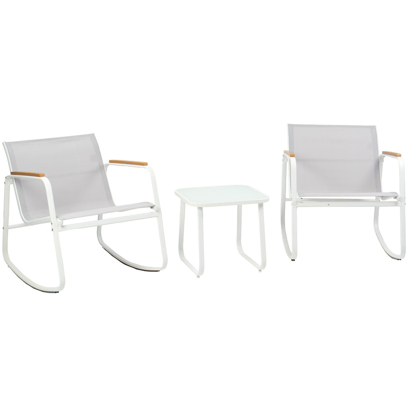 White Outdoor Rocking Chair and Table Set
A set of white outdoor rocking chairs with wooden armrests, accompanied by a white side table, suitable for outdoor relaxation. Keywords: white outdoor rocking chairs, wooden armrests, outdoor side table