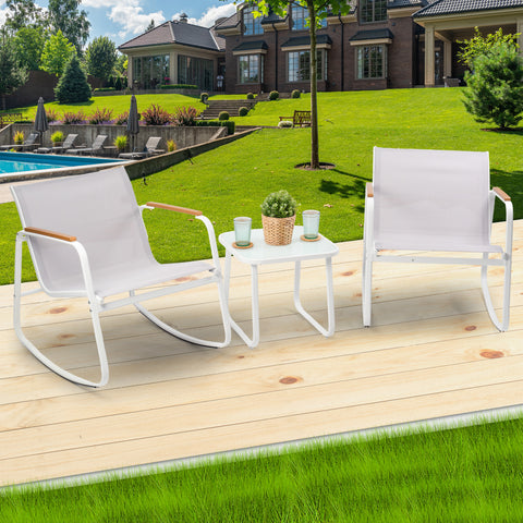 Kozyard Rocking Chair Set Outdoor Rocking Bistro Set with Wooden Armrests, Outdoor Patio Furniture Set with Glass Table