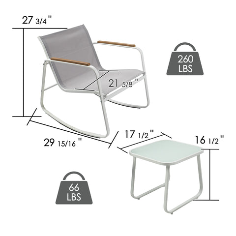 kozyard Outdoor Rocking Chair Set, 260 LBS Capacity Chair & 66 LBS Capacity Side Table, All-Weather Textilene Seating with Tempered Glass Top, Patio Bistro Furniture Specs

