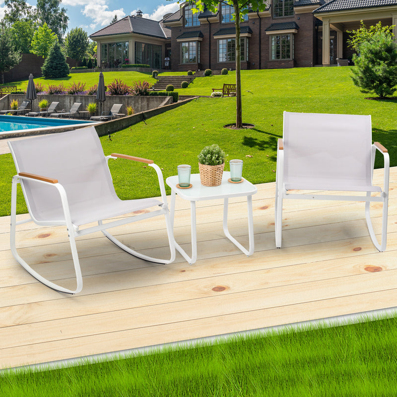 Kozyard Rocking Chair Set, Outdoor Rocking Bistro Set with Wooden Armrests, Outdoor Patio Furniture Set with Glass Table for Lawn, Porch, Yard, Garden, Balcony, Poolside