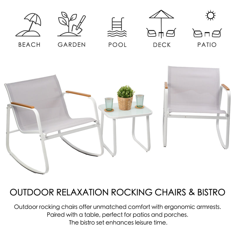 Outdoor Relaxation Rocking Chair and Bistro Set for Multiple Settings
An outdoor rocking chair and bistro set, ideal for various locations like beach, garden, pool, deck, and patio. The rocking chairs feature ergonomic armrests for comfort, enhancing leisure time. Keywords: outdoor rocking chairs, bistro set, ergonomic armrests, outdoor leisure
