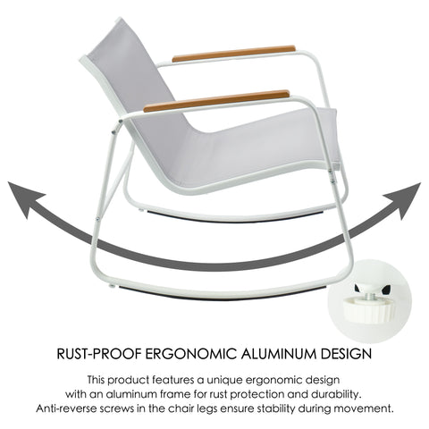 Kozyard ergonomic outdoor rocking chair with rust-proof aluminum frame, anti-reverse screw design, and comfortable textilene seating, ideal for patios, porches, gardens, and relaxing outdoor spaces.