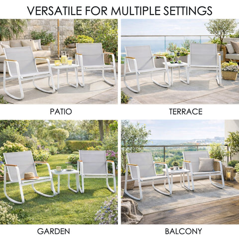 kozyard Versatile 3-Piece Patio Set, Suitable for Patio, Terrace, Garden & Balcony, Textilene Rocking Chairs with Tempered Glass Table, All-Weather Outdoor Furniture
