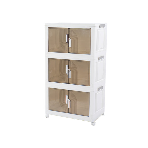This is a three - tier plastic storage cabinet with a white frame. Each tier features double - door compartments with semi - transparent brown panels that have a decorative curved pattern. The cabinet is equipped with sleek, modern handles on each door, and it stands on small wheels, making it easy to move.Three - Tier Plastic Storage Cabinet with Decorative Doors.three - tier plastic cabinet, storage cabinet with doors, semi - transparent plastic cabinet, mobile storage unit, decorative storage cabinet