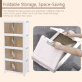 The image features a white plastic storage cabinet with semi - transparent brown doors, arranged in a stack of four units. The text "Foldable Storage, Space - Saving" highlights the cabinet's key feature. An inset image shows hands folding one of the cabinet units, demonstrating its foldability. The descriptive text explains that these foldable storage solutions are designed to maximize space and can be neatly folded away when not in use. Space - Saving Foldable Plastic Storage Cabinet. foldable bin