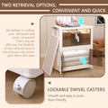This image promotes a plastic foldable and combinable storage cabinet. It highlights two retrieval options for easy access to items, demonstrated by a person retrieving items from the top and bottom sections of the cabinet. The text emphasizes convenience. Additionally, there is a close - up of a lockable swivel caster, with a description stating that it is smooth to push and floor - friendly. Convenient Plastic Foldable Storage Cabinet with Dual Access & Lockable Casters. plastic foldable cabinet