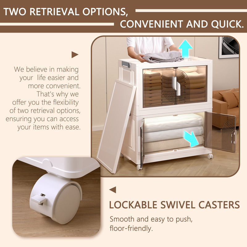 This image promotes a plastic foldable and combinable storage cabinet. It highlights two retrieval options for easy access to items, demonstrated by a person retrieving items from the top and bottom sections of the cabinet. The text emphasizes convenience. Additionally, there is a close - up of a lockable swivel caster, with a description stating that it is smooth to push and floor - friendly. Convenient Plastic Foldable Storage Cabinet with Dual Access & Lockable Casters. plastic foldable cabinet