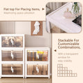 The image showcases a set of plastic foldable and stackable storage cabinets. The cabinets have semi - transparent doors with a decorative pattern, allowing easy visibility of the stored items. One section highlights that the flat top of the cabinet can be used for placing items, maximizing space utilization. Another section emphasizes that the cabinets are stackable for customizable combinations. An inset image shows a cabinet top with a perfume bottle and other items placed on it.