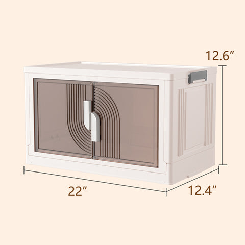 A white plastic foldable storage cabinet with semi - transparent brown doors featuring a decorative pattern. The cabinet has dimensions marked: 22 inches in length, 12.4 inches in width, and 12.6 inches in height. It also includes a handle on the side, suggesting ease of movement or folding. Compact White Plastic Foldable Storage Cabinet with Dimensions. white plastic foldable cabinet, storage cabinet with semi - transparent doors, foldable storage unit, cabinet dimensions, decorative storage cabinet