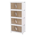 A tall, four - tier white plastic storage cabinet with semi - transparent brown doors. Each door features a decorative pattern and is equipped with a sleek handle. The cabinet is mounted on small wheels, suggesting mobility. It is designed to be foldable and combinable, ideal for versatile storage solutions. Four - Tier White Plastic Foldable Storage Cabinet. plastic foldable cabinet, four - tier storage, combinable storage unit, semi - transparent door cabinet, mobile storage cabinet