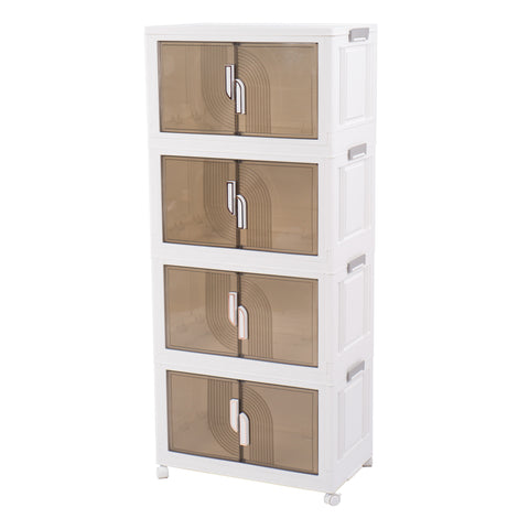 A tall, four - tier white plastic storage cabinet with semi - transparent brown doors. Each door features a decorative pattern and is equipped with a sleek handle. The cabinet is mounted on small wheels, suggesting mobility. It is designed to be foldable and combinable, ideal for versatile storage solutions. Four - Tier White Plastic Foldable Storage Cabinet. plastic foldable cabinet, four - tier storage, combinable storage unit, semi - transparent door cabinet, mobile storage cabinet