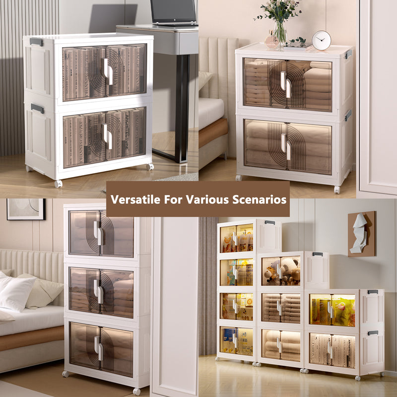 This image showcases a versatile plastic foldable and combinable storage cabinet in various settings. The cabinet has a white frame with semi - transparent brown doors featuring a decorative pattern. Different configurations are displayed, including single - unit use near a desk, a double - unit stack beside a bed, and multiple units combined for larger storage needs. The text "Versatile For Various Scenarios" emphasizes its adaptability.Versatile Plastic Foldable & Combinable Storage Cabinet.