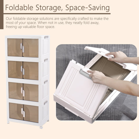 The image features a white plastic storage cabinet with semi - transparent brown doors, arranged in a stack of four units. The text "Foldable Storage, Space - Saving" highlights the cabinet's key feature. An inset image shows hands folding one of the cabinet units, demonstrating its foldability. The descriptive text explains that these foldable storage solutions are designed to maximize space and can be neatly folded away when not in use. Space - Saving Foldable Plastic Storage Cabinet. foldable bin