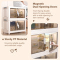This image highlights the features of a plastic foldable and combinable storage cabinet. It shows a two - tier cabinet with semi - transparent front - facing double doors, which are described as magnetic dual - opening doors for easy access. An inset image demonstrates a hand opening the doors to retrieve items. The text emphasizes that the cabinet is made of sturdy PP material for reliable quality and long - term use.Sturdy PP Plastic Foldable Cabinet with Magnetic Dual - Opening Doors