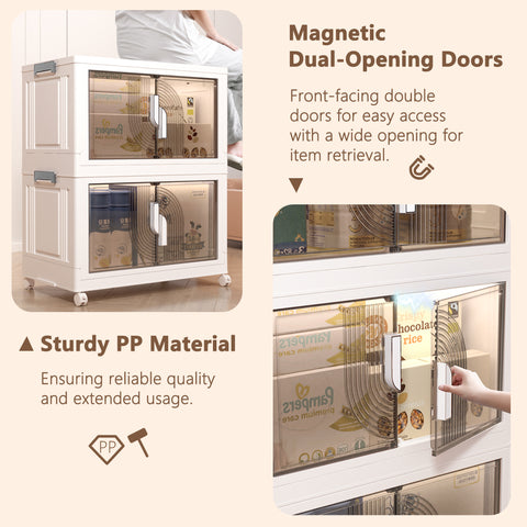 This image highlights the features of a plastic foldable and combinable storage cabinet. It shows a two - tier cabinet with semi - transparent front - facing double doors, which are described as magnetic dual - opening doors for easy access. An inset image demonstrates a hand opening the doors to retrieve items. The text emphasizes that the cabinet is made of sturdy PP material for reliable quality and long - term use.Sturdy PP Plastic Foldable Cabinet with Magnetic Dual - Opening Doors
