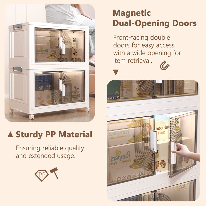 This image highlights the features of a plastic foldable and combinable storage cabinet. It shows a two - tier cabinet with semi - transparent front - facing double doors, which are described as magnetic dual - opening doors for easy access. An inset image demonstrates a hand opening the doors to retrieve items. The text emphasizes that the cabinet is made of sturdy PP material for reliable quality and long - term use.Sturdy PP Plastic Foldable Cabinet with Magnetic Dual - Opening Doors