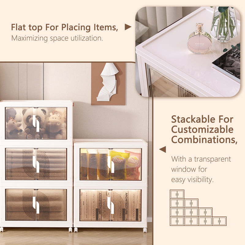 The image showcases a set of plastic foldable and stackable storage cabinets. The cabinets have semi - transparent doors with a decorative pattern, allowing easy visibility of the stored items. One section highlights that the flat top of the cabinet can be used for placing items, maximizing space utilization. Another section emphasizes that the cabinets are stackable for customizable combinations. An inset image shows a cabinet top with a perfume bottle and other items placed on it.
