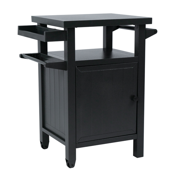 A sleek black BBQ grill storage cart/bin with a rectangular top surface. It features a pull - out drawer - like compartment on one side and a cabinet with a door on the lower section. The cart has four legs, with the bottom two legs equipped with wheels for easy mobility.Sleek Black BBQ Grill Storage Cart with Compartments. BBQ grill storage cart, storage bin, pull - out compartment, cabinet, wheeled cart.