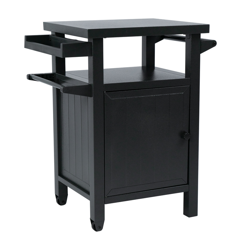 A sleek black BBQ grill storage cart/bin with a rectangular top surface. It features a pull - out drawer - like compartment on one side and a cabinet with a door on the lower section. The cart has four legs, with the bottom two legs equipped with wheels for easy mobility.Sleek Black BBQ Grill Storage Cart with Compartments. BBQ grill storage cart, storage bin, pull - out compartment, cabinet, wheeled cart.