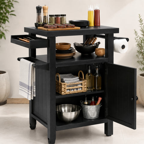 Kozyard outdoor kitchen island and BBQ grill cart featuring a durable prep table top with fresh grilled steaks, condiment bottles, spice jars, and kitchenware. This heavy-duty rolling bar cart includes an open middle shelf, a lower storage cabinet with a door, a side paper towel holder, and a convenient towel bar hanger. Ideal movable food prep station for backyard barbecues, deck parties, and outdoor dining convenience.
