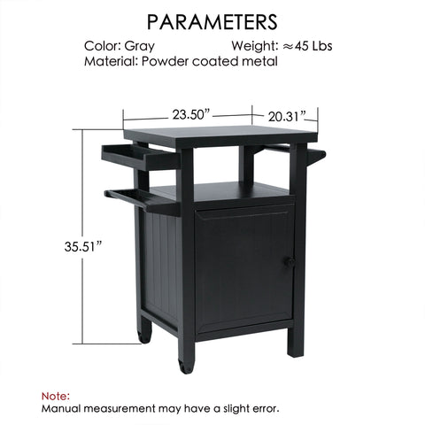 Kozyard powder-coated metal outdoor prep table with clear dimensions and parameters text. The infographic shows a gray barbecue grilling cart weighing approximately 45 lbs, with a height of 35.51 inches, a width of 23.50 inches, and a depth of 20.31 inches. Perfect heavy-duty utility cart size guide for patio kitchens, backyard BBQ setups, rolling food preparation stations, and camping storage convenience.