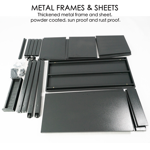 This image displays the components of a BBQ grill storage cart/bin, highlighting its metal frames and sheets. The parts include thick - ened metal frame pieces and flat sheets, all powder - coated for sun and rust protection. Small hardware components are also visible, suggesting these are parts for assembly.BBQ Grill Storage Cart Components: Metal Frames & Sheets. BBQ grill storage cart, metal frames, metal sheets, powder - coated, sun proof, rust proof.