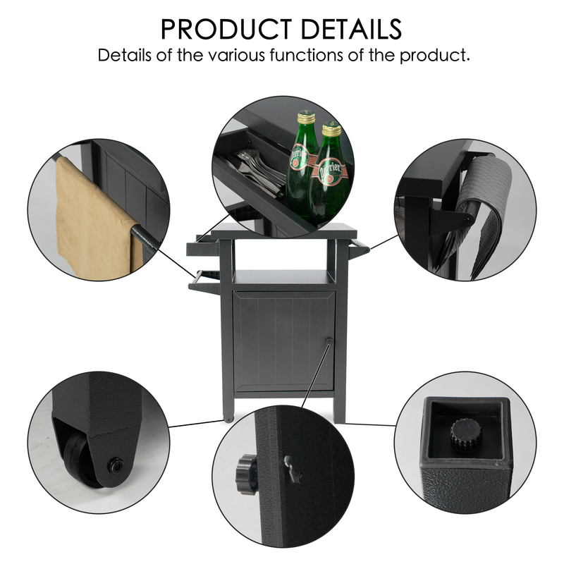 This image shows a black BBQ grill storage cart/bin with close - up insets highlighting its various features. There's a compartment for holding bottles, a napkin holder, a place to hang towels, a pulley with a locking mechanism, and an adjustable leg. The text "PRODUCT DETAILS Details of the various functions of the product" is displayed at the top. BBQ Grill Storage Cart: Product Function Details. BBQ grill storage cart, storage bin, product details, functional features, adjustable leg, towel holder