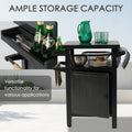 Kozyard ample storage capacity outdoor kitchen island and BBQ prep station. The images display an organized arrangement of kitchenware including stacked plates, stainless steel bowls, a green beverage pitcher, glass cups, and a slide-out utensil drawer holding silverware next to bottled drinks. This versatile rolling cart maximizes space for outdoor cooking, backyard parties, and patio dining storage.