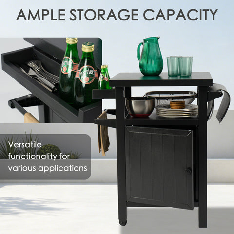 Kozyard ample storage capacity outdoor kitchen island and BBQ prep station. The images display an organized arrangement of kitchenware including stacked plates, stainless steel bowls, a green beverage pitcher, glass cups, and a slide-out utensil drawer holding silverware next to bottled drinks. This versatile rolling cart maximizes space for outdoor cooking, backyard parties, and patio dining storage.