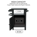 A black BBQ grill storage cart/bin is shown with its door open to reveal the interior storage space. Labels indicate the cart's high - capacity storage, with 13 gallons of open storage area and 29 gallons within the cabinet, totaling 42 gallons. The text "HIGH - CAPACITY Single door cart can store 42 gal, 13 gal in open areas and 29 gal in cabinets." is displayed at the top.High - Capacity BBQ Grill Storage Cart: Storage Details. BBQ grill storage cart, storage bin, high - capacity storage, open storage 