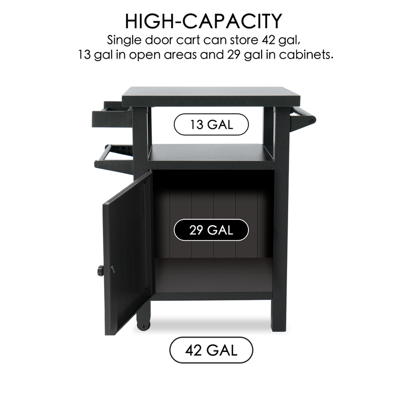 A black BBQ grill storage cart/bin is shown with its door open to reveal the interior storage space. Labels indicate the cart's high - capacity storage, with 13 gallons of open storage area and 29 gallons within the cabinet, totaling 42 gallons. The text "HIGH - CAPACITY Single door cart can store 42 gal, 13 gal in open areas and 29 gal in cabinets." is displayed at the top.High - Capacity BBQ Grill Storage Cart: Storage Details. BBQ grill storage cart, storage bin, high - capacity storage, open storage 