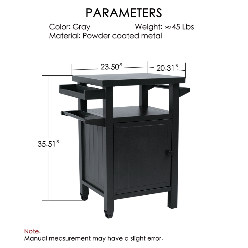 A black BBQ grill storage cart is shown with labeled dimensions: 23.50" in width at the top, 20.31" in depth, and 35.51" in height. The text indicates that the color is gray (though the cart appears black), the weight is approximately 45 pounds, and the material is powder - coated metal. A note at the bottom states that manual measurement may have a slight error. BBQ Grill Storage Cart: Key Parameters. BBQ grill storage cart, storage bin, dimensions, powder - coated metal, weight.