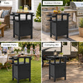 Kozyard multi-scenario outdoor utility cart showcasing four versatile applications: an elegant drink station on a residential patio, a convenient BBQ side table in an outdoor kitchen, a stylish wine and grape serving bar at a garden party, and a functional campsite lantern and mug holder next to a luxury travel trailer RV. The ultimate weatherproof rolling cart for flexible outdoor lifestyles.