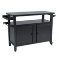 A black BBQ grill storage cart/bin with a sleek design. It features a long, flat countertop, two side trays for holding items like drinks or spices, and a lower section with double - door cabinets. The cart is mounted on wheels, making it easy to move around.Sleek Black BBQ Grill Storage Cart with Ample Storage. BBQ grill storage cart, storage bin, side trays, double - door cabinets, wheeled cart.