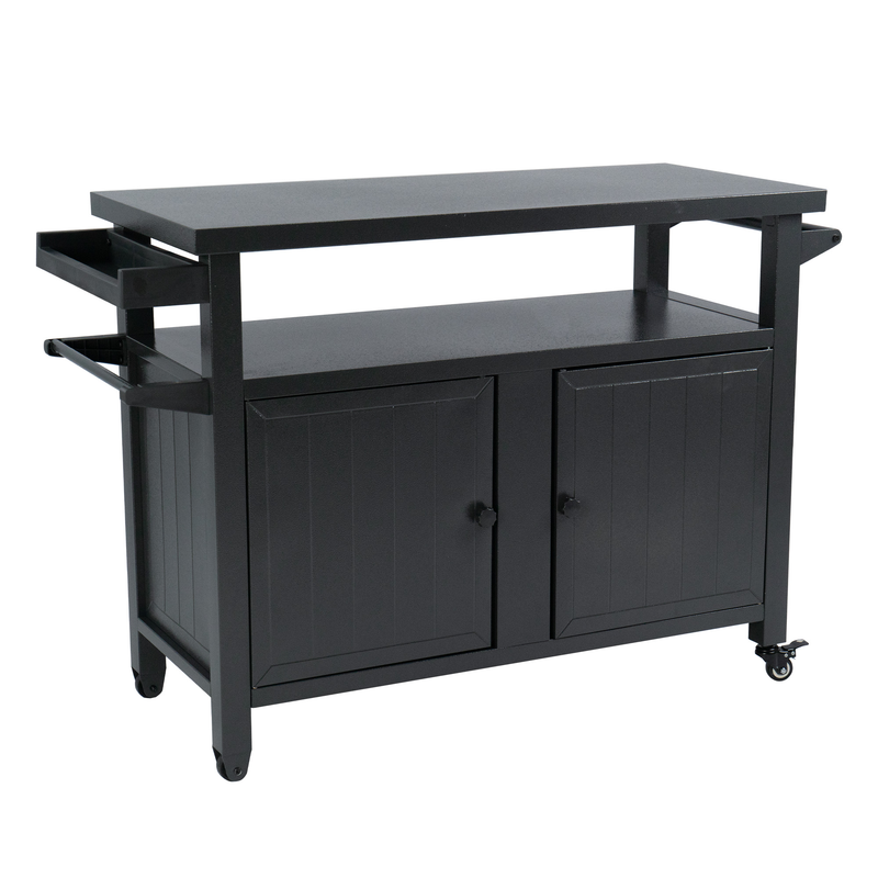 A black BBQ grill storage cart/bin with a sleek design. It features a long, flat countertop, two side trays for holding items like drinks or spices, and a lower section with double - door cabinets. The cart is mounted on wheels, making it easy to move around.Sleek Black BBQ Grill Storage Cart with Ample Storage. BBQ grill storage cart, storage bin, side trays, double - door cabinets, wheeled cart.