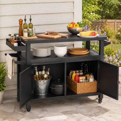 Kozyard large outdoor kitchen island and double-door BBQ grill cart fully loaded with grilling essentials. The extra-wide prep table holds seasoning bottles, fresh corn, peppers, and steaks on a cutting board. The double-door storage cabinet is open, showcasing an organized interior with a beverage ice bucket, a cooking pot, and a spice basket. Perfect rolling prep station for patio cooking and backyard parties.