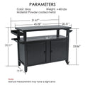 Kozyard heavy-duty gray metal outdoor prep table with clear dimension infographic text. This large barbecue grilling cart weighs approximately 60 lbs, featuring an overall width of 51.67 inches, a tabletop length of 45.08 inches, a height of 35.51 inches, and a depth of 20.31 inches. Essential sizing and parameters guide for homeowners looking for a spacious rolling backyard bar cart and food prep station.