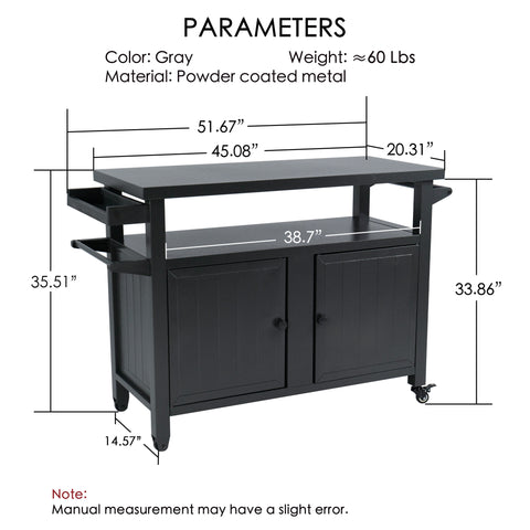 Kozyard heavy-duty gray metal outdoor prep table with clear dimension infographic text. This large barbecue grilling cart weighs approximately 60 lbs, featuring an overall width of 51.67 inches, a tabletop length of 45.08 inches, a height of 35.51 inches, and a depth of 20.31 inches. Essential sizing and parameters guide for homeowners looking for a spacious rolling backyard bar cart and food prep station.