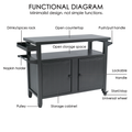 A functional diagram of a black BBQ grill storage cart/bin. The diagram labels various features, including a drinks/spices rack, an open countertop, a push/pull handle, an open storage space, a napkin holder, lockable handles, start/stop universal wheels, pulleys, and a storage cabinet. The caption "FUNCTIONAL DIAGRAM Minimalist design, not simple functions." highlights the cart's combination of simple design and multiple functions.BBQ Grill Storage Cart: Multifunctional Features Diagram. BBQ grill storage 