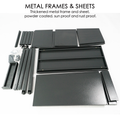 This image displays the disassembled parts of a BBQ grill storage cart/bin, highlighting its metal frames and sheets. The components include thickened metal frame pieces and flat sheets, all powder - coated for protection against sun and rust. Small hardware pieces are also visible, indicating they are part of the assembly materials. BBQ Grill Storage Cart Parts: Metal Frames & Sheets. BBQ grill storage cart, metal frames, metal sheets, powder - coated, sun proof, rust proof, assembly parts.