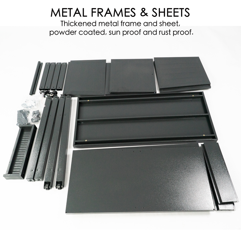 This image displays the disassembled parts of a BBQ grill storage cart/bin, highlighting its metal frames and sheets. The components include thickened metal frame pieces and flat sheets, all powder - coated for protection against sun and rust. Small hardware pieces are also visible, indicating they are part of the assembly materials. BBQ Grill Storage Cart Parts: Metal Frames & Sheets. BBQ grill storage cart, metal frames, metal sheets, powder - coated, sun proof, rust proof, assembly parts.