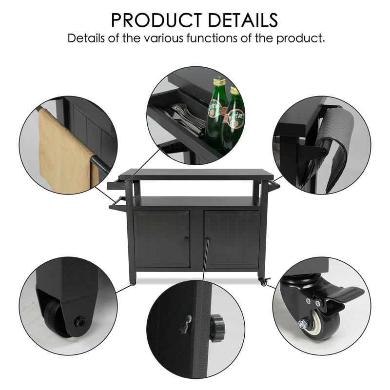 This image showcases a black BBQ grill storage cart/bin with detailed close - up insets highlighting its various features. The insets display a napkin holder, a drinks/spices rack with bottles and utensils, a towel holder, a pulley with a locking mechanism, a lockable handle on the cabinet door, and a start/stop universal wheel. The main text at the top reads "PRODUCT DETAILS Details of the various functions of the product." BBQ Grill Storage Cart: Comprehensive Product Details. BBQ grill storage cart.