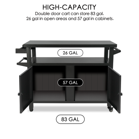 A black double - door BBQ grill storage cart/bin is shown with its doors open. Labels indicate the storage capacities: 26 gallons in the open areas, 57 gallons in the cabinets, and a total of 83 gallons. The text "HIGH - CAPACITY Double door cart can store 83 gal, 26 gal in open areas and 57 gal in cabinets." is displayed at the top.High - Capacity Double - Door BBQ Grill Storage Cart. BBQ grill storage cart, storage bin, high - capacity storage, double - door cabinet, open storage area.