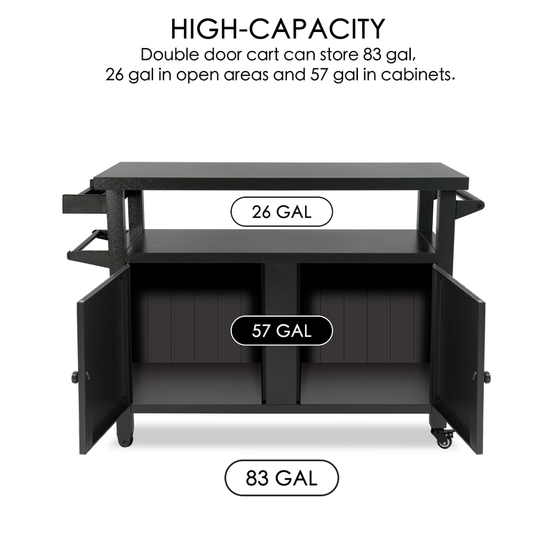A black double - door BBQ grill storage cart/bin is shown with its doors open. Labels indicate the storage capacities: 26 gallons in the open areas, 57 gallons in the cabinets, and a total of 83 gallons. The text "HIGH - CAPACITY Double door cart can store 83 gal, 26 gal in open areas and 57 gal in cabinets." is displayed at the top.High - Capacity Double - Door BBQ Grill Storage Cart. BBQ grill storage cart, storage bin, high - capacity storage, double - door cabinet, open storage area.