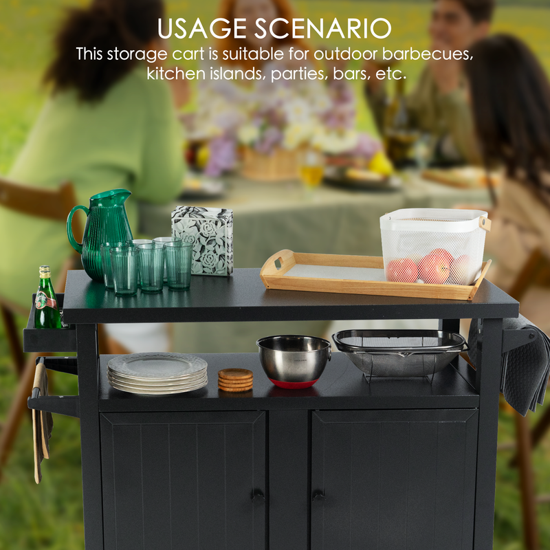 A black BBQ grill storage cart/bin is depicted in an outdoor setting, surrounded by various items such as a green pitcher, glasses, a bottle of beer, plates, a wooden tray with a container of fruits, and kitchen utensils. The background shows people enjoying a meal outdoors. Text at the top reads "USAGE SCENARIO This storage cart is suitable for outdoor barbecues, kitchen islands, parties, bars, etc." Versatile Black BBQ Grill Storage Cart for Outdoor Events. BBQ grill storage cart, storage bin, outdoor bar