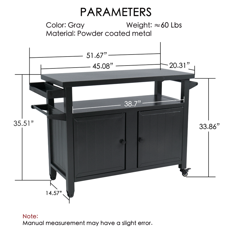 A black BBQ grill storage cart is shown with labeled dimensions. The color is stated as gray, the weight is approximately 60 pounds, and the material is powder - coated metal. Dimensions include a length of 51.67 inches, width of 20.31 inches, and various other measurements for different parts of the cart. A note at the bottom mentions that manual measurement may have a slight error. BBQ Grill Storage Cart: Key Dimensions and Specifications. BBQ grill storage cart, storage bin, dimensions, powder - coated.