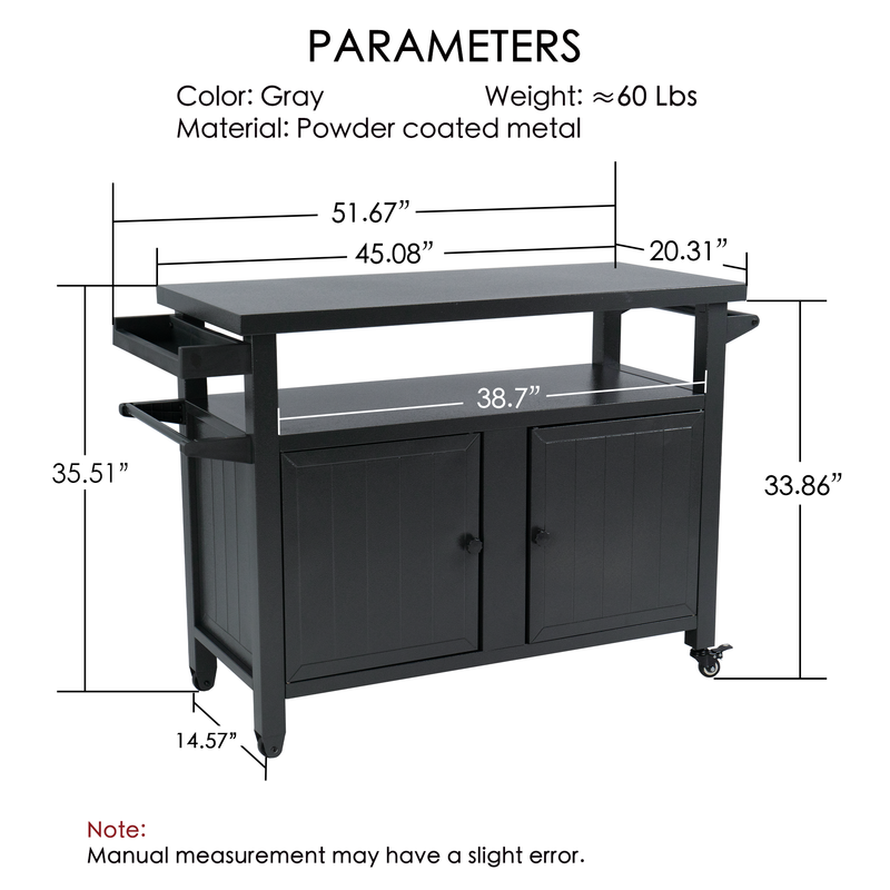 Kozyard BBQ Grill Storage Cart/Bin, Grill Carts Outdoor Storage Cabinet with Wheels, Metal Grill Table Kitchen Dining Table Cooking Prep BBQ Table for Patio Island Home Party Bar (Grey)