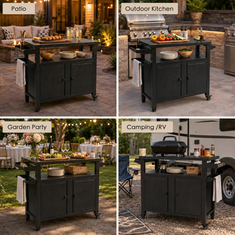 Kozyard multi-scenario double-door utility cart illustrating four outdoor setups: an evening patio drink station with string lights, a side prep table next to a built-in outdoor kitchen grill, a buffet table at a garden party, and a camping RV site setup hosting a portable electric grill. The ultimate weatherproof, extra-wide rolling cart engineered for diverse outdoor lifestyles and gourmet cooking.