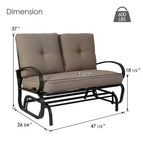 Detailed product dimension diagram for the Kozyard two-seater outdoor glider bench showcasing accurate structural measurements. The graphic illustrates a total height of thirty-seven inches, a depth of twenty-six and three-quarter inches, a seat height of eighteen and a half inches, and a total width of forty-seven and a half inches. An explicit weight capacity icon highlights that this heavy-duty steel frame rocking chair supports up to six hundred pounds, emphasizing its robust engineering.